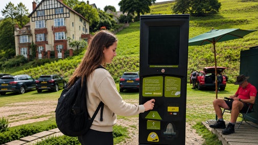 woman uses car park machine in countryside car park
